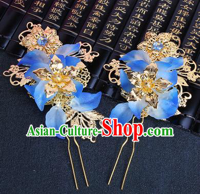 Chinese Traditional Hair Accessories Hair Clip Ancient Princess Blue Flowers Hairpins for Women