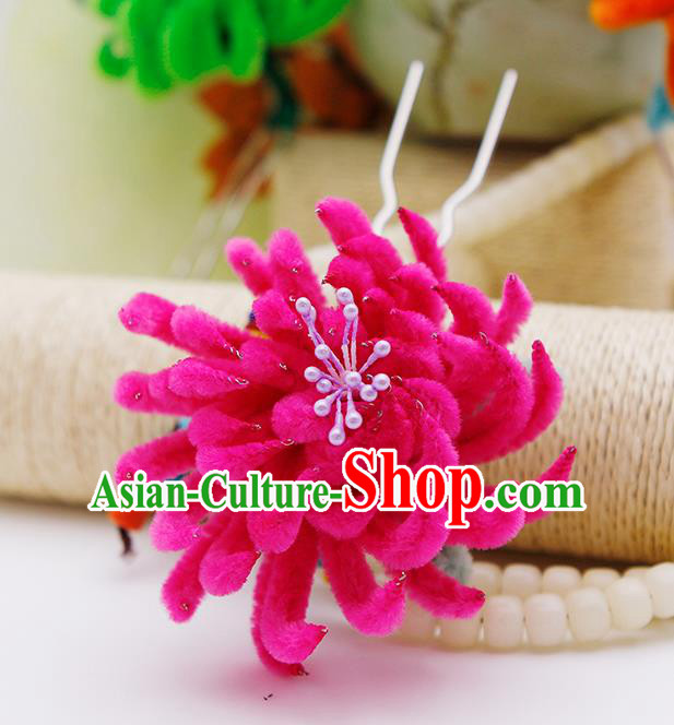 Chinese Traditional Hair Accessories Ancient Princess Rosy Velver Chrysanthemum Hairpins for Women