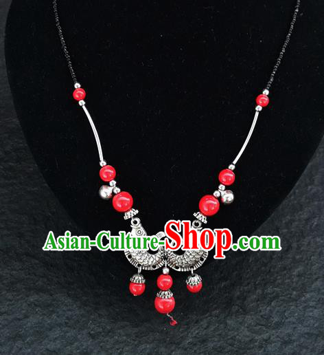 Chinese Traditional Jewelry Accessories Yunnan National Double Fish Red Beads Minority Necklace for Women