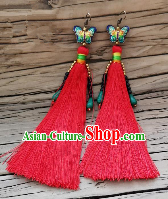 Chinese Traditional Embroidered Butterfly Earrings Yunnan National Red Tassel Eardrop for Women