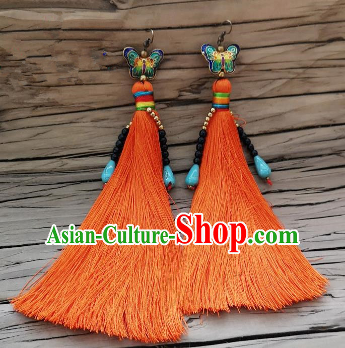 Chinese Traditional Embroidered Butterfly Earrings Yunnan National Orange Tassel Eardrop for Women
