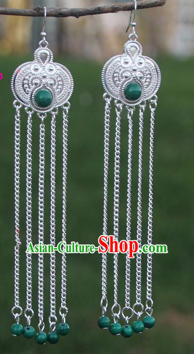Chinese Traditional Green Beads Tassel Earrings Yunnan National Minority Eardrop for Women