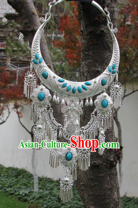 Chinese Traditional Jewelry Accessories Yunnan Miao Minority Sliver Blue Necklace for Women