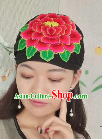 Chinese Traditional Embroidered Peony Headscarf Yunnan Dai Minority Hat for Women