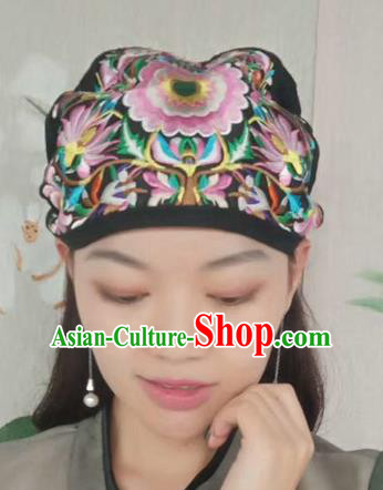 Chinese Traditional Embroidered Pink Peony Headscarf Yunnan Dai Minority Hat for Women