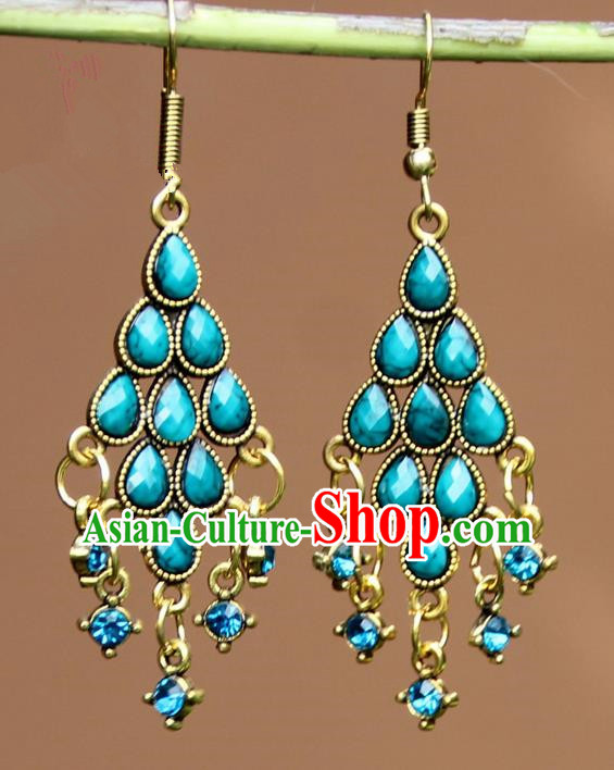 Chinese Traditional Blue Crystal Earrings Yunnan National Minority Ear Accessories for Women