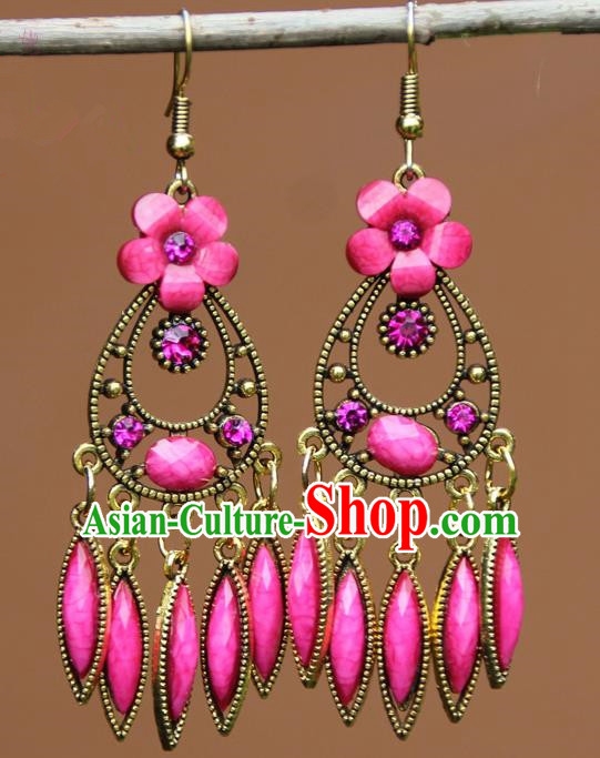 Chinese Traditional Pink Flower Earrings Yunnan National Minority Ear Accessories for Women
