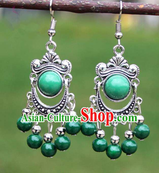 Chinese Traditional Green Beads Tassel Earrings Yunnan National Minority Ear Accessories for Women