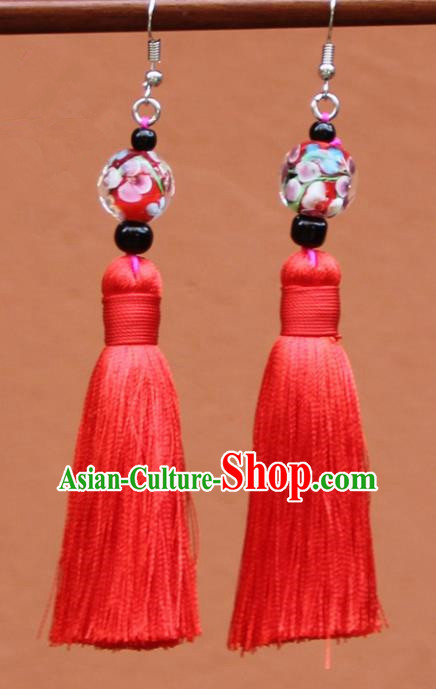 Chinese Traditional Red Tassel Earrings Yunnan National Minority Colored Glaze Eardrop for Women