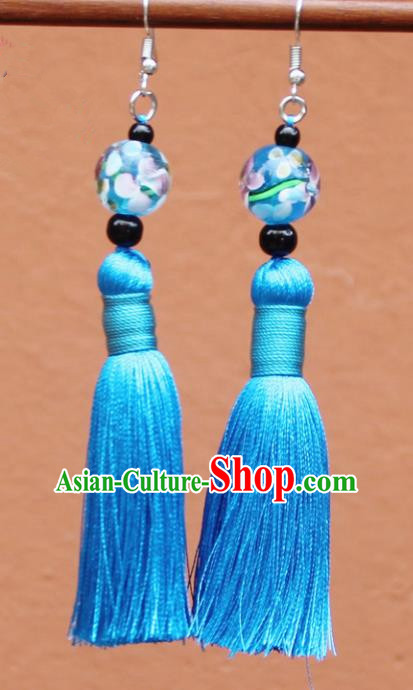 Chinese Traditional Blue Tassel Earrings Yunnan National Minority Colored Glaze Eardrop for Women
