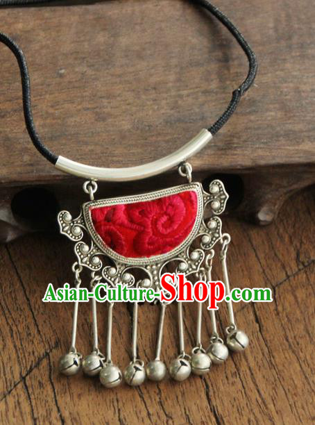 Chinese Traditional Yunnan Miao Minority Red Necklace Ethnic Bells Tassel Embroidered Accessories for Women