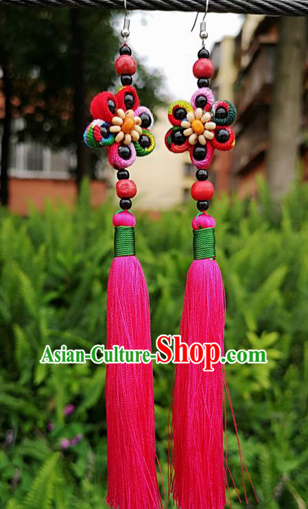 Chinese Traditional Ethnic Earrings Yunnan National Pink Tassel Ear Accessories for Women