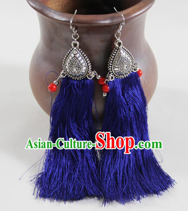 Chinese Traditional Ethnic Royalblue Tassel Earrings Yunnan National Ear Accessories for Women