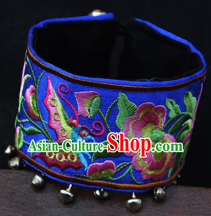 Chinese Traditional Ethnic Wrist Accessories Miao Nationality Embroidered Royalblue Bracelet for Women