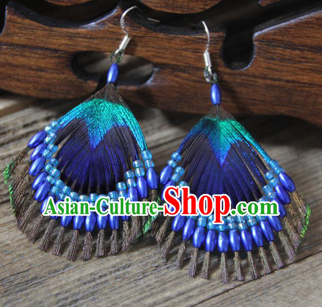 Chinese Traditional Ethnic Royalblue Beads Feather Earrings National Ear Accessories for Women