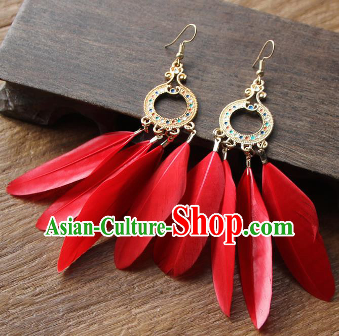 Chinese Traditional Ethnic Red Feather Earrings National Ear Accessories for Women