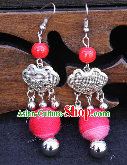 Chinese Traditional Ethnic Red Venonat Longevity Lock Earrings National Ear Accessories for Women