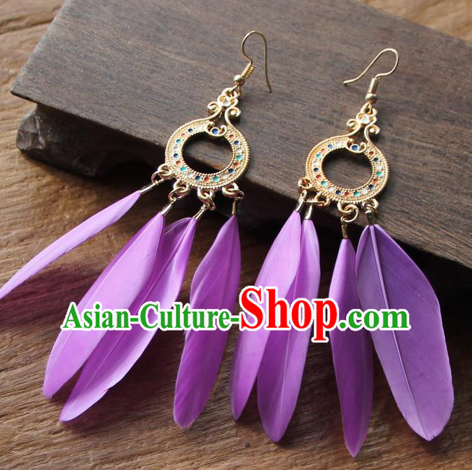 Chinese Traditional Ethnic Purple Feather Earrings National Ear Accessories for Women