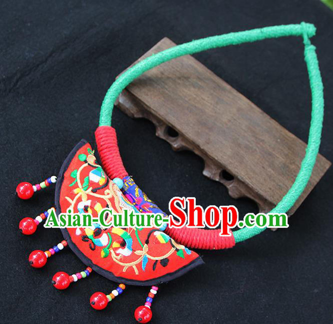 Chinese Traditional Minority Embroidered Red Necklace Ethnic Folk Dance Accessories for Women