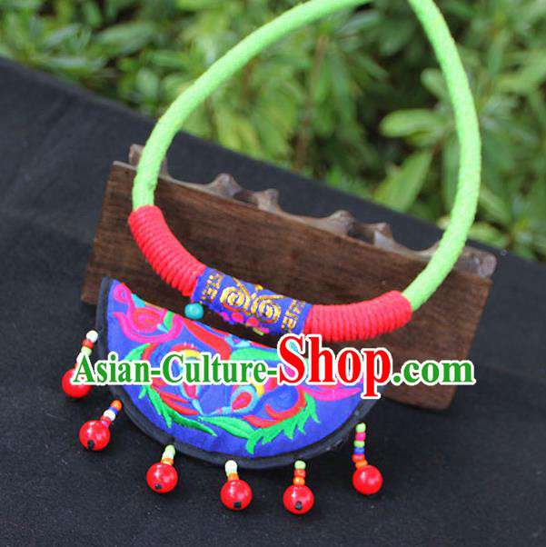 Chinese Traditional Minority Embroidered Blue Necklace Ethnic Folk Dance Accessories for Women