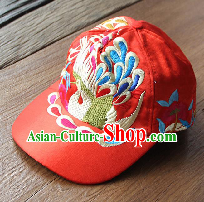 Chinese Traditional Embroidered Peacock Red Baseball Cap Yunnan Minority Hat for Women