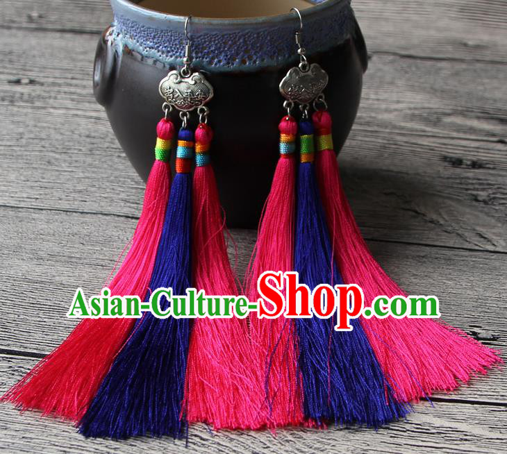 Chinese Traditional Ethnic Pink and Purple Tassel Earrings National Longevity Lock Ear Accessories for Women