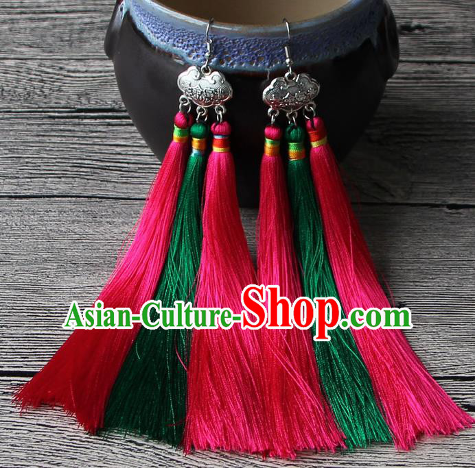 Chinese Traditional Ethnic Pink and Green Tassel Earrings National Longevity Lock Ear Accessories for Women