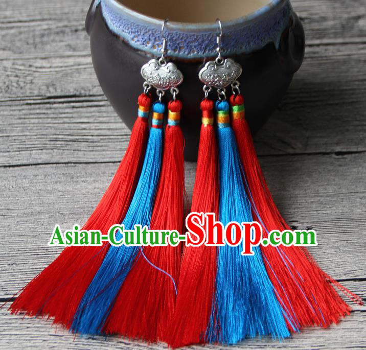 Chinese Traditional Ethnic Red and Blue Tassel Earrings National Longevity Lock Ear Accessories for Women