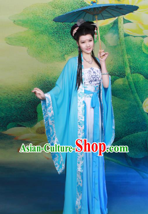 Chinese Tang Dynasty Nobility Lady Blue Hanfu Dress Ancient Princess Embroidered Historical Costumes for Women