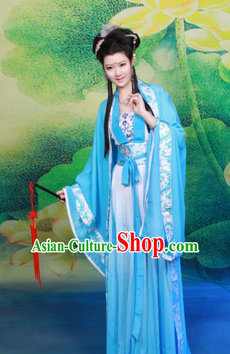 Chinese Tang Dynasty Nobility Lady Blue Hanfu Dress Ancient Princess Embroidered Historical Costumes for Women