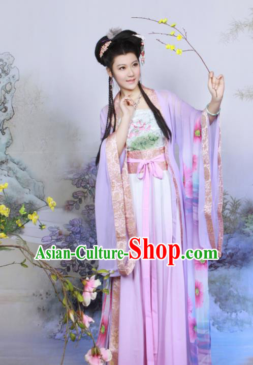 Chinese Ancient Peri Purple Hanfu Dress Tang Dynasty Geisha Embroidered Historical Costumes for Women