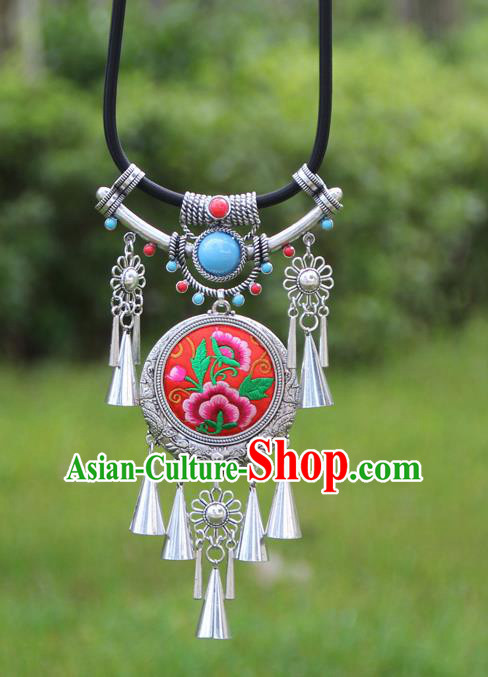Chinese Traditional Minority Embroidered Peony Red Necklace Ethnic Folk Dance Accessories for Women