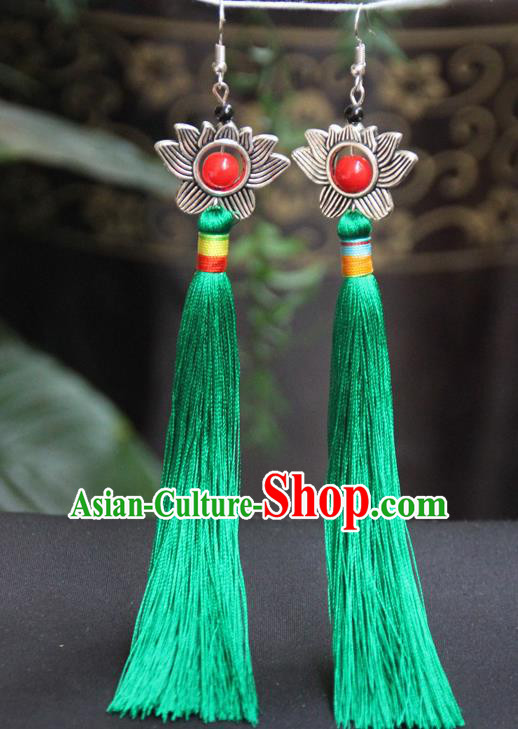 Chinese Traditional Ethnic Green Tassel Lotus Earrings National Ear Accessories for Women