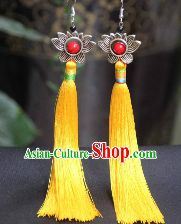 Chinese Traditional Ethnic Yellow Tassel Lotus Earrings National Ear Accessories for Women