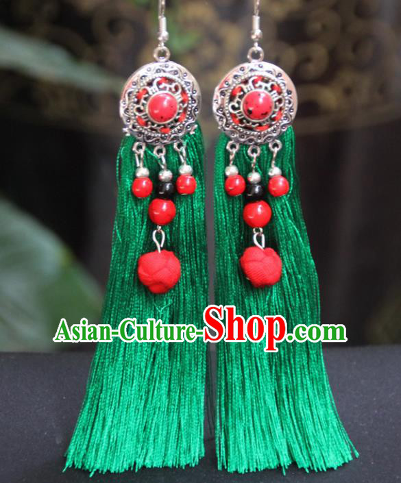 Chinese Traditional Ethnic Earrings National Green Tassel Ear Accessories for Women