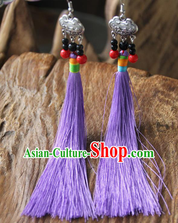 Chinese Traditional Ethnic Lilac Tassel Longevity Lock Earrings National Ear Accessories for Women