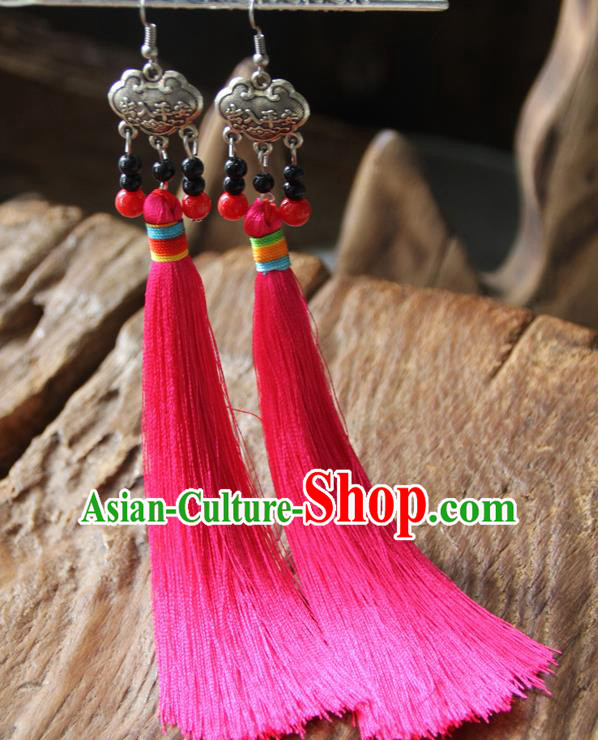 Chinese Traditional Ethnic Pink Tassel Longevity Lock Earrings National Ear Accessories for Women