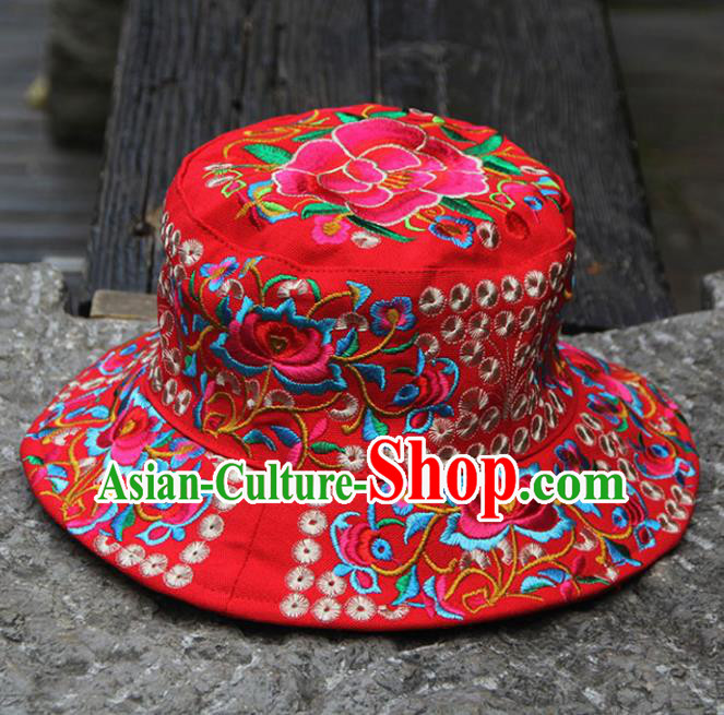 Chinese Traditional National Handmade Embroidered Peony Red Hat for Women
