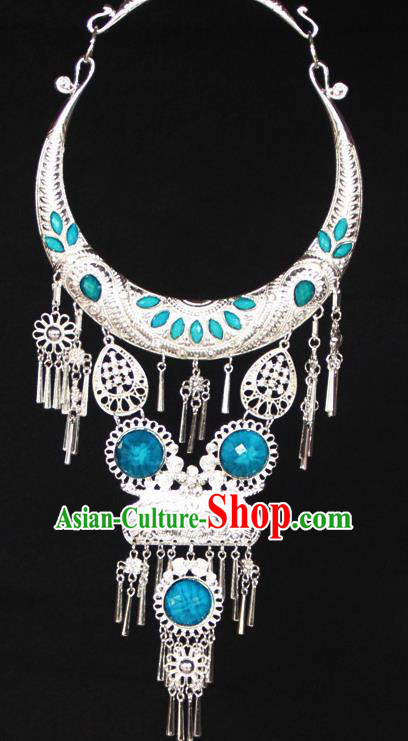 Chinese Ethnic Carving Blue Necklace Traditional National Jewelry Accessories for Women