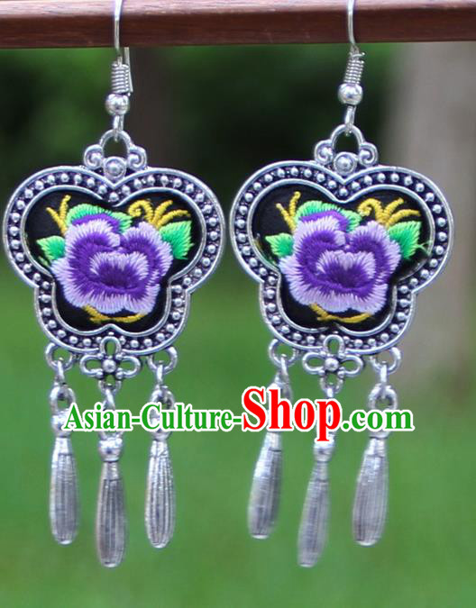 Chinese Traditional National Handmade Embroidered Purple Peony Earrings for Women