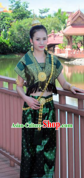 Asian Traditional Thailand Costumes National Handmade Embroidered Deep Green Dress for Women
