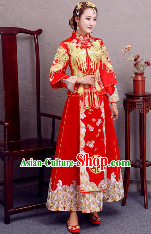 Traditional Chinese Wedding Costume Ancient Bride Embroidered Phoenix Red Rhinestone Xiuhe Suit Clothing for Women