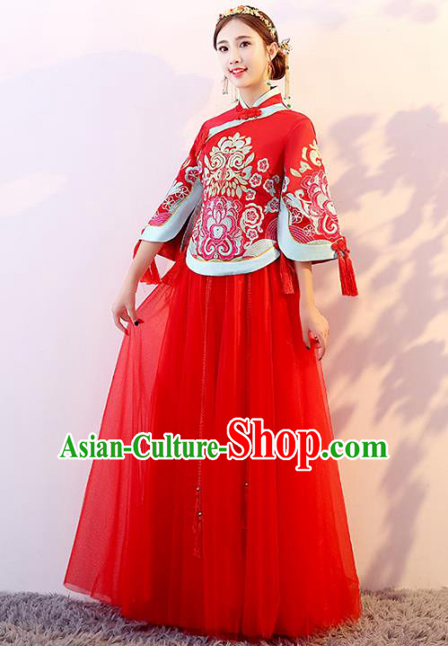Traditional Chinese Wedding Costume Ancient Bride Embroidered Red Xiuhe Suit Clothing for Women