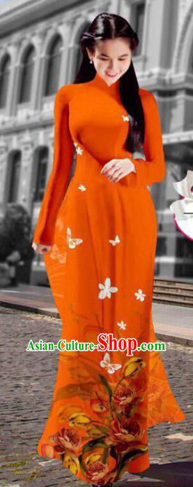 Asian Vietnam Costume Vietnamese Trational Dress Printing Orange Ao Dai Cheongsam Clothing for Women