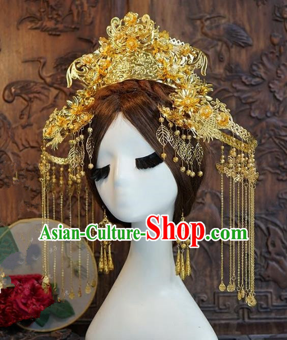 Chinese Handmade Classical Hairpins Hair Accessories Ancient Bride Xiuhe Suit Headwear Golden Phoenix Coronet for Women