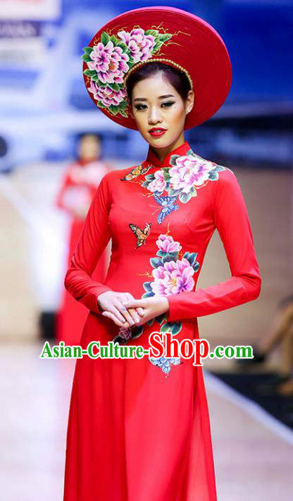 Asian Vietnam Wedding Costume Vietnamese Trational Dress Printing Peony Red Ao Dai Cheongsam Clothing for Women