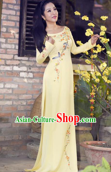 Asian Vietnam Wedding Costume Vietnamese Trational Dress Printing Yellow Ao Dai Cheongsam Clothing for Women