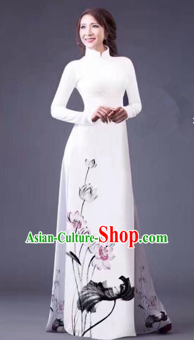Asian Vietnam Palace Costume Vietnamese Trational Dress Ink Painting Lotus White Ao Dai Cheongsam Clothing for Women