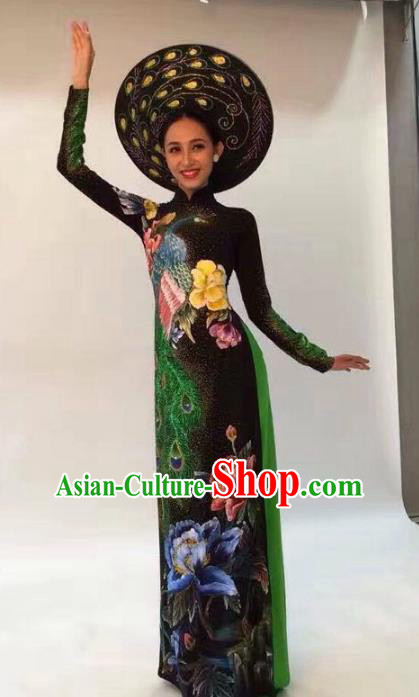 Asian Vietnam Palace Costume Vietnamese Trational Dress Ink Painting Lotus Black Ao Dai Cheongsam Clothing for Women