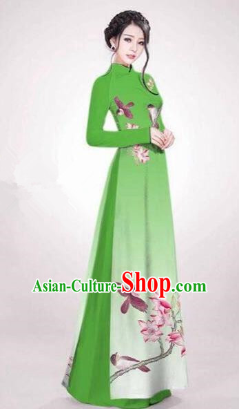 Asian Vietnam Palace Costume Vietnamese Trational Dress Painting Flowers Bird Green Ao Dai Cheongsam Clothing for Women